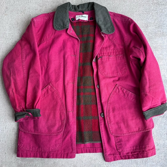 Vintage 90s flannel lined LLbean chore coat red green corduroy barn coat jacket - Picture 4 of 5